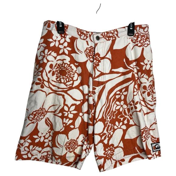 Vintage Y2K Quiksilver Orange Hawaiian Baggy Cotton Surfer Beach Shorts Size 34 - Picture 1 of 9